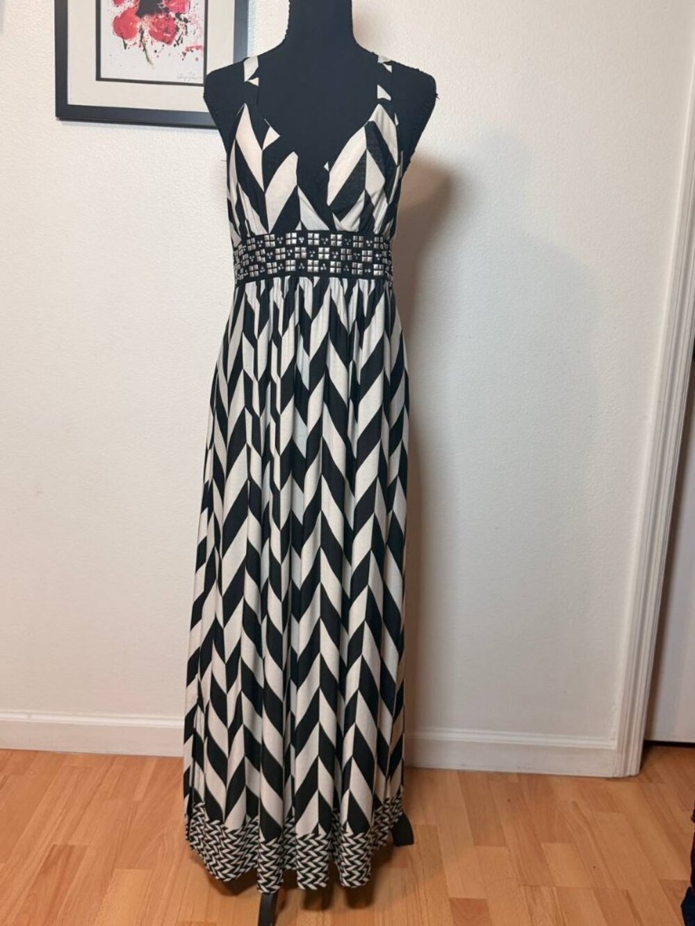 Boho Resort Chevron Maxi Dress Studded Waist L California Dreams